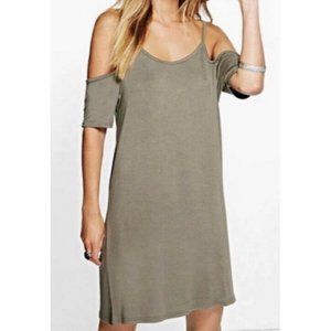 BooHoo Cold Shoulder T-Shirt Dress Women’s Size Small Olive Green